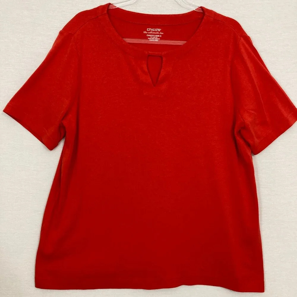 Chico's Red Pima Cotton‎ Stretch Cut Out Detail Short Sleeve Pullover Top XL/3
